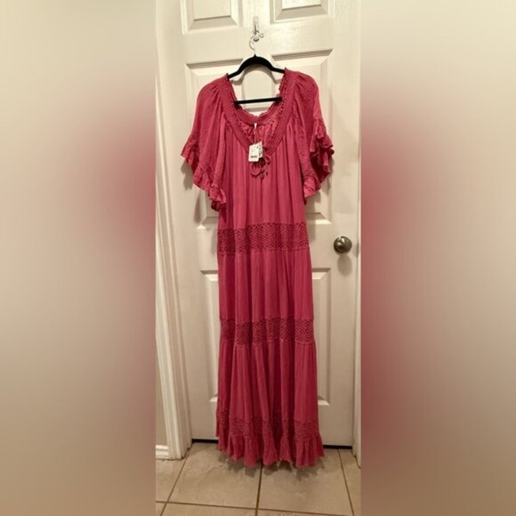 New Free People Mauve Maxi Flutter Sleeve Dress medium oversized cotton pockets - Picture 2 of 10